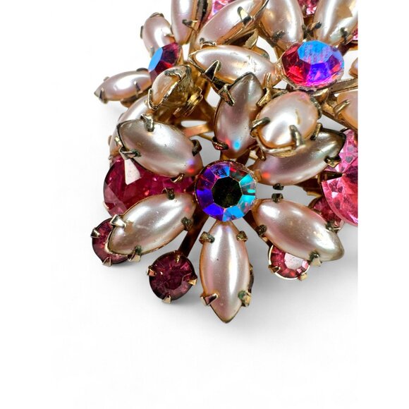 Vintage Flower Brooch Clip On Earrings Set Pink Crystal Faux Pearls - Picture 7 of 15